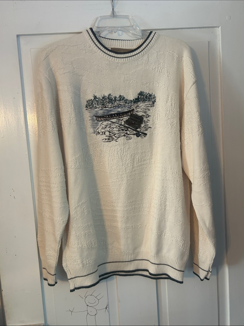 Vintage Crewneck Sweater Medium Cream Boat Embroidery Fishing Canoe Outdoor
